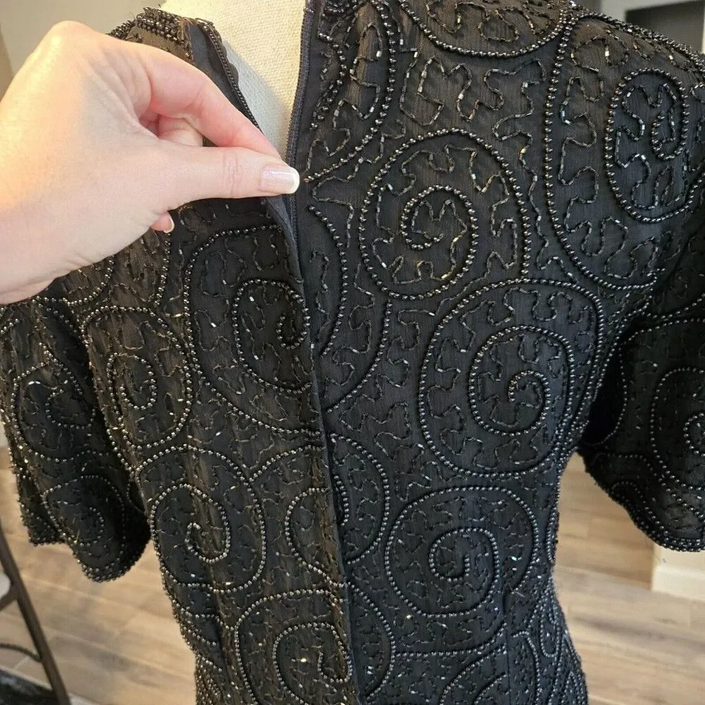 Vintage Jewel Queen 100% Pure Silk Beaded Dress Black Hand Embroidered SZ 8
